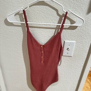 Love Tree Rust Ribbed Button-Front Tank Bodysuit